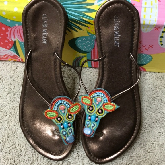 Olivia Miller Colorful Beaded Flip Flop Sandals Copper Lightweight Size 8 - Picture 2 of 8
